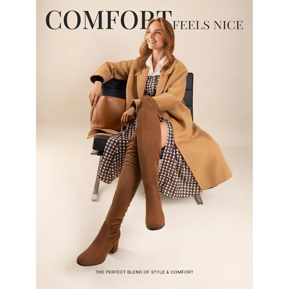 Women's Brown Suede Over The Knee Thigh High Chunky Heel Long Stretch Boots